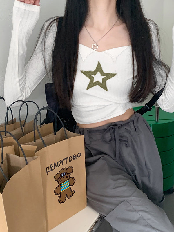 Star Patch Long Sleeve Knit Crop Top