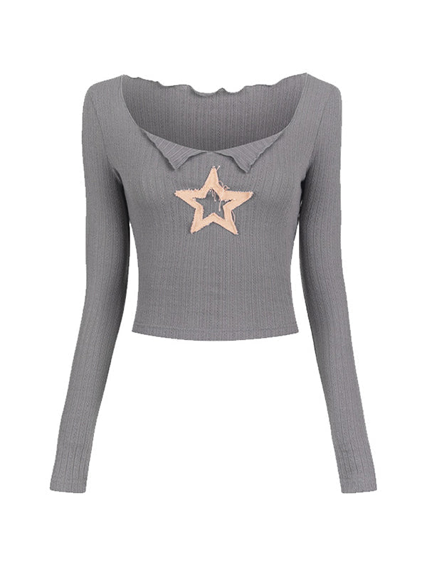 Star Patch Long Sleeve Knit Crop Top