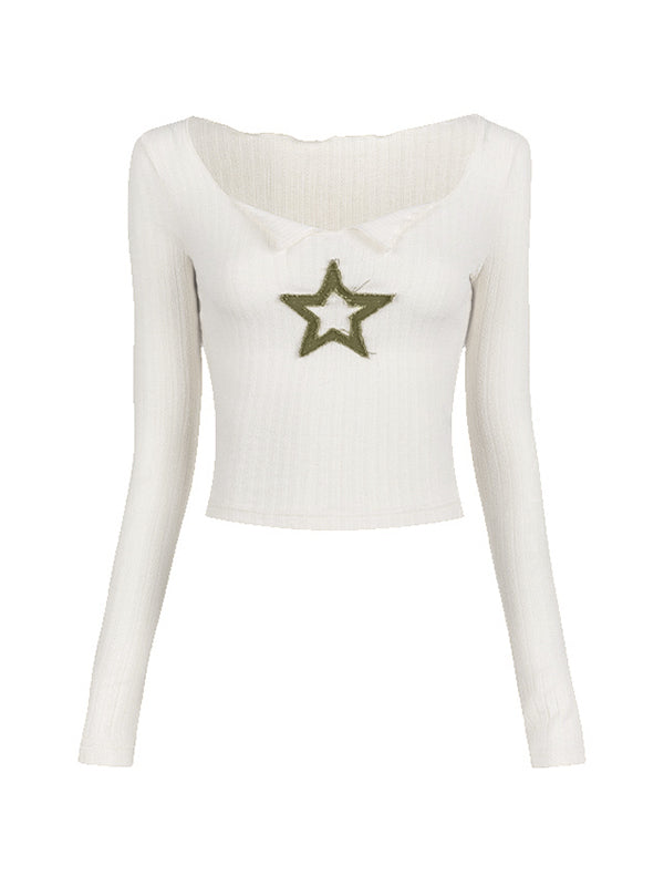 Star Patch Long Sleeve Knit Crop Top