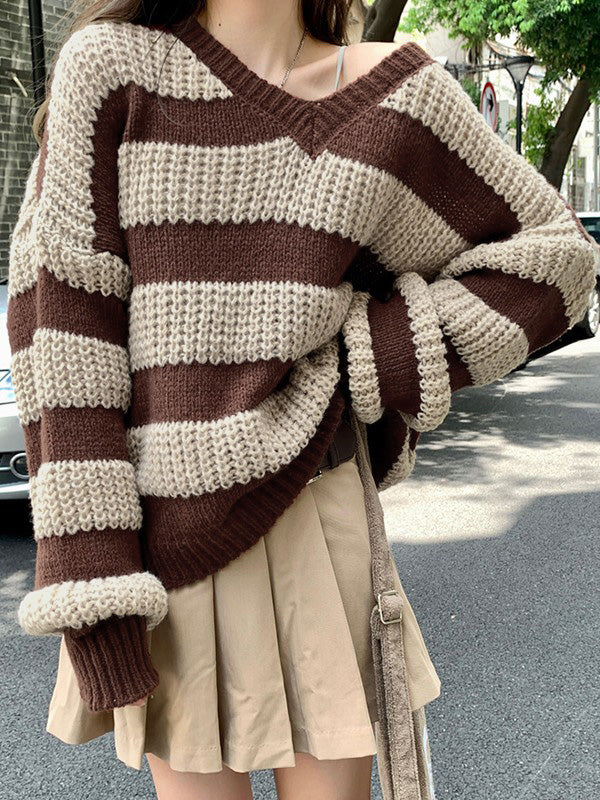 V Neck Oversized Striped Pullover Sweater