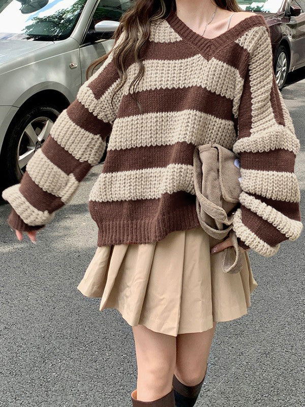 V Neck Oversized Striped Pullover Sweater