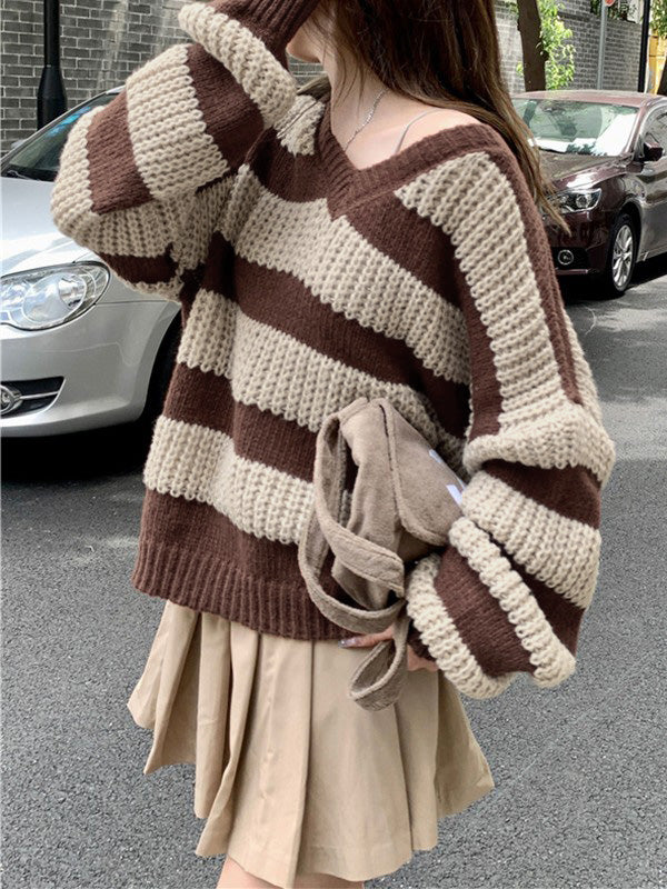 V Neck Oversized Striped Pullover Sweater