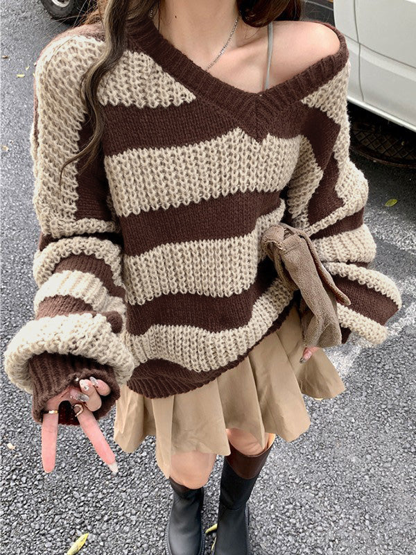 V Neck Oversized Striped Pullover Sweater