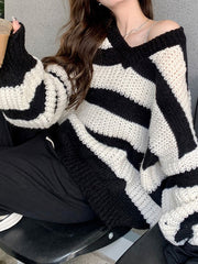 V Neck Oversized Striped Pullover Sweater