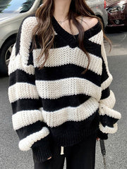 V Neck Oversized Striped Pullover Sweater