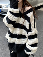 V Neck Oversized Striped Pullover Sweater