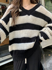 V Neck Oversized Striped Pullover Sweater