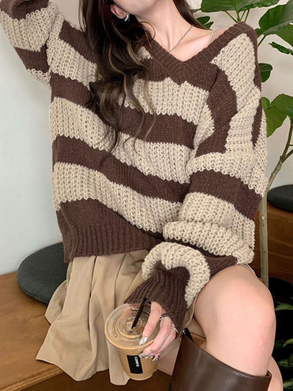 V Neck Oversized Striped Pullover Sweater