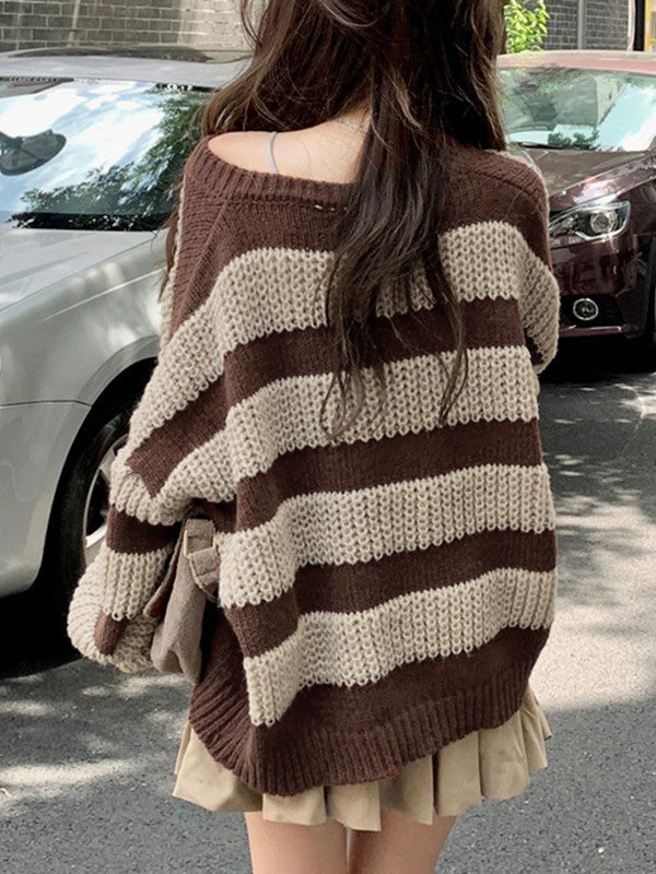 V Neck Oversized Striped Pullover Sweater