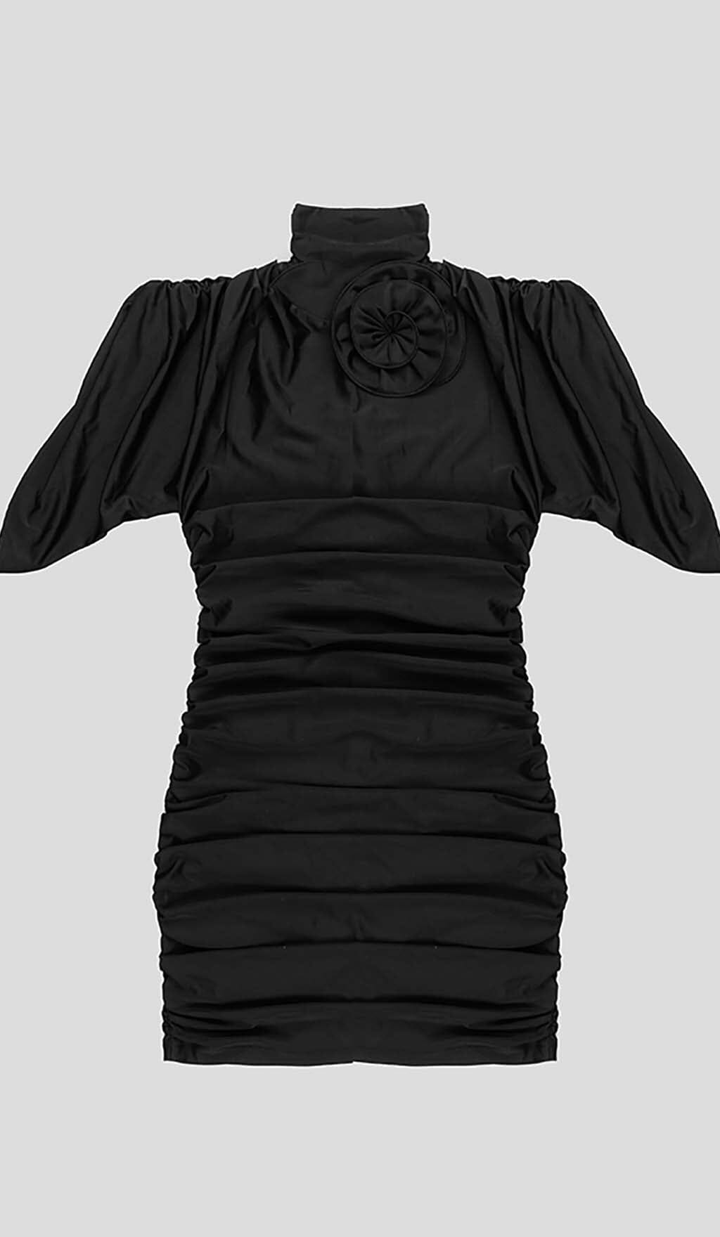 FLOWER-EMBELLISHED RUCHED MINI DRESS IN BLACK