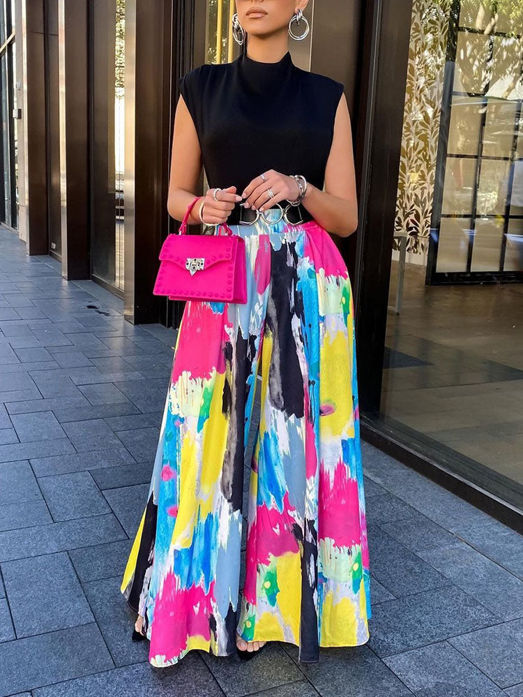 Tie Dye Print High Waist Wide Leg Pants