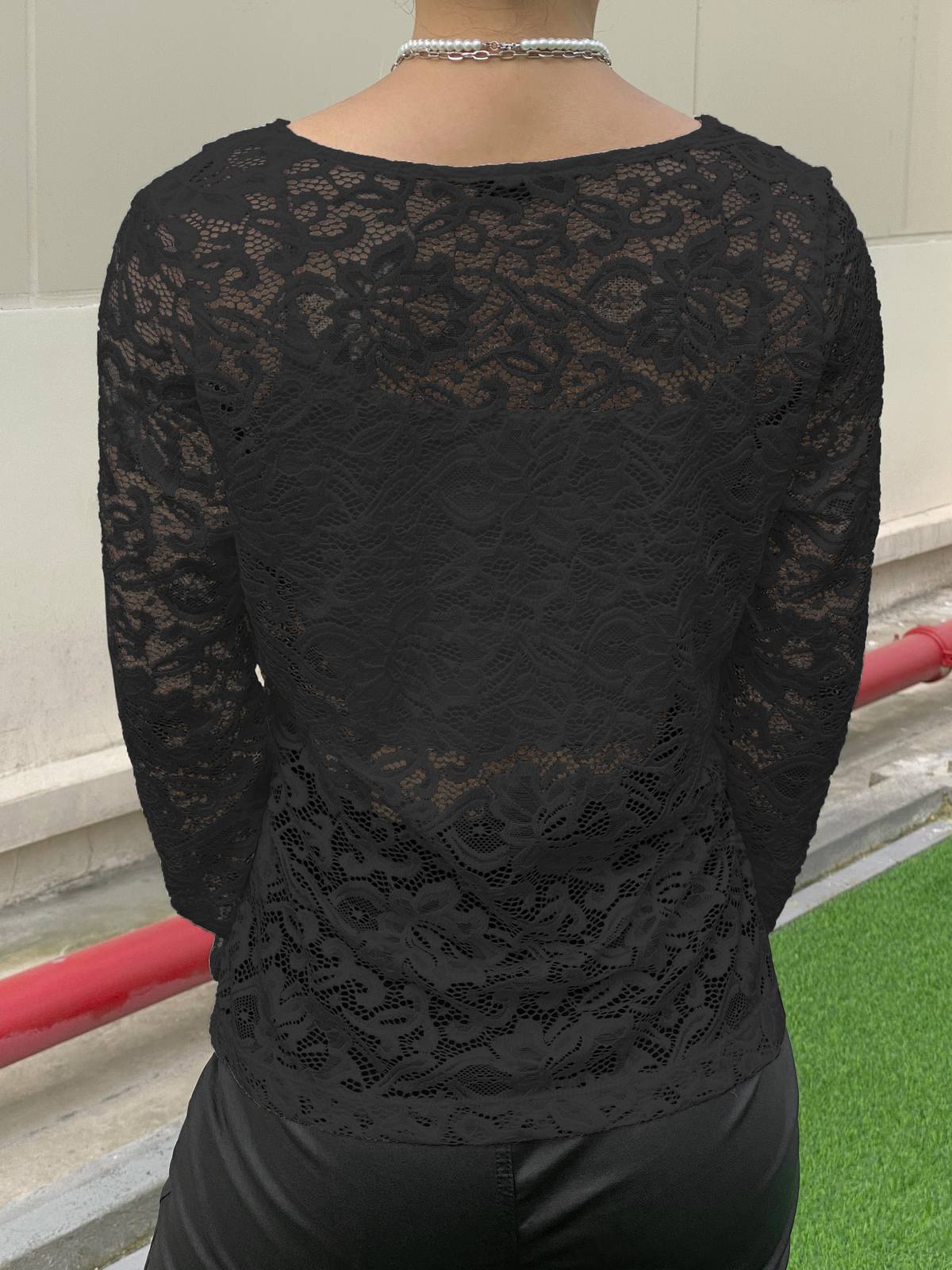 V Neck Long Sleeve Sheer Lace Blouse