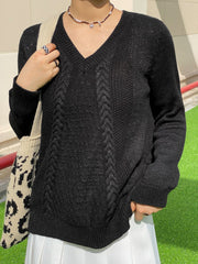 V Neck Metallic Black Pullover Sweater