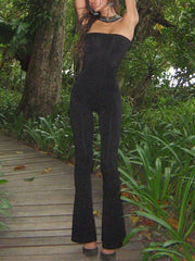 Side Slit Ankle Flare Strapless Jumpsuit