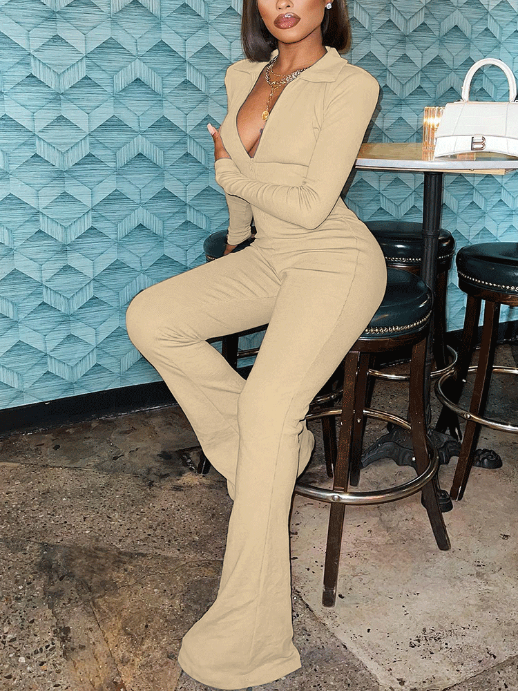 Ribbed Wide Leg Jumpsuit with Zipper