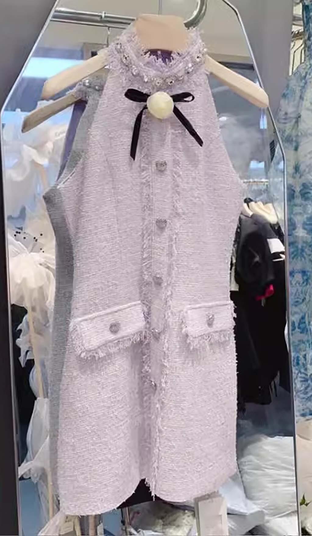 Neckholder-Minikleid aus Tweed mit Schleife in Lila