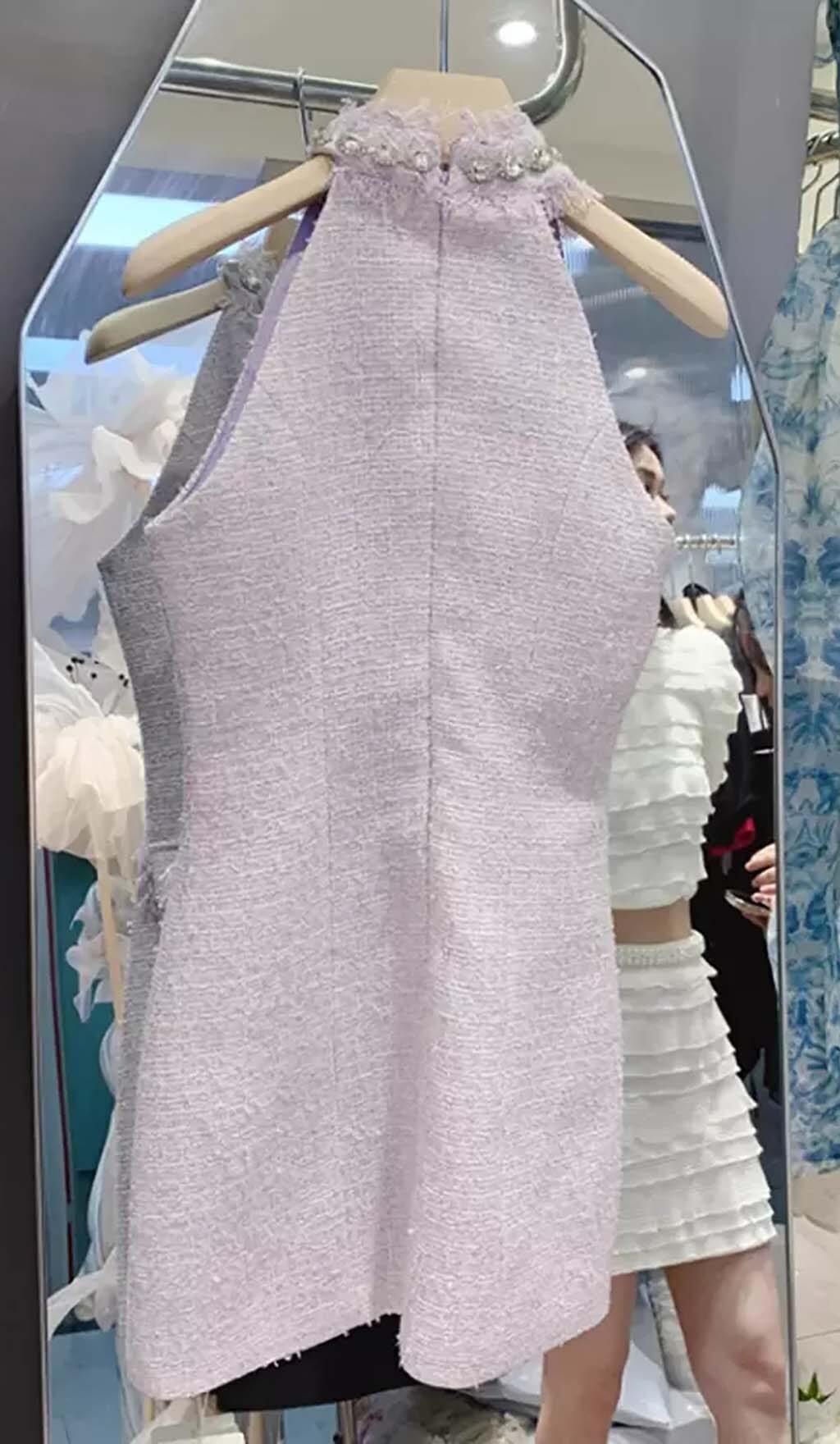 Neckholder-Minikleid aus Tweed mit Schleife in Lila