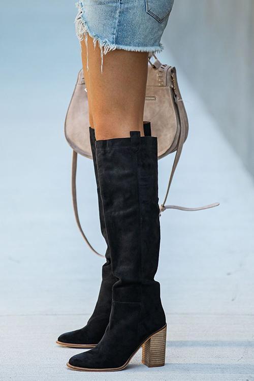 Faux Suede Chunky Heel Tall Boots