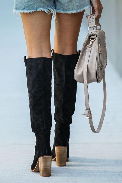 Faux Suede Chunky Heel Tall Boots