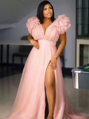 V Neck Tulle Ruffle Maxi Dresses