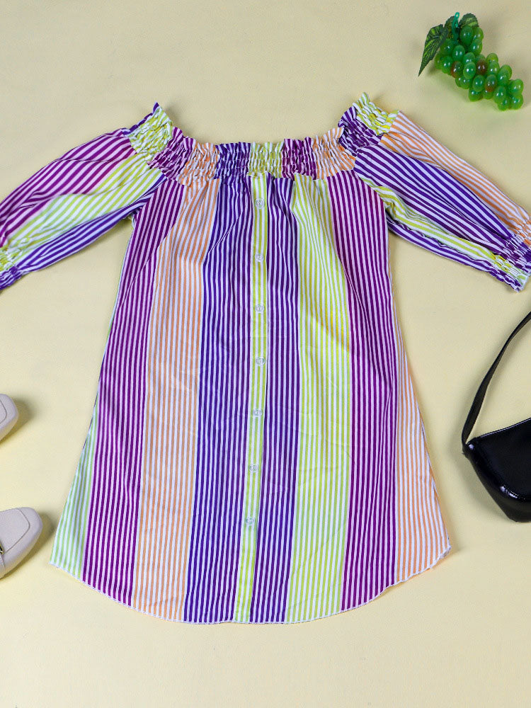 Striped Off Shoulder Mini Dresses