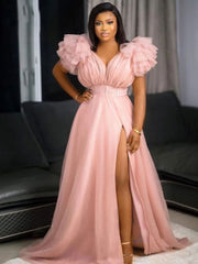 V Neck Tulle Ruffle Maxi Dresses