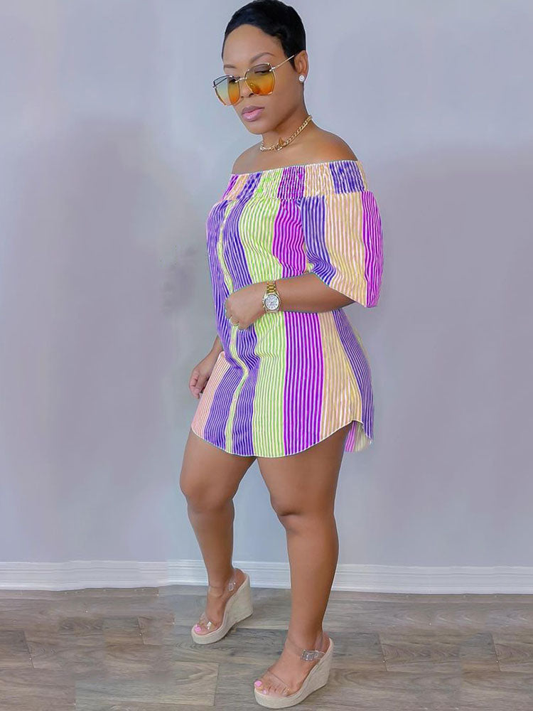 Striped Off Shoulder Mini Dresses