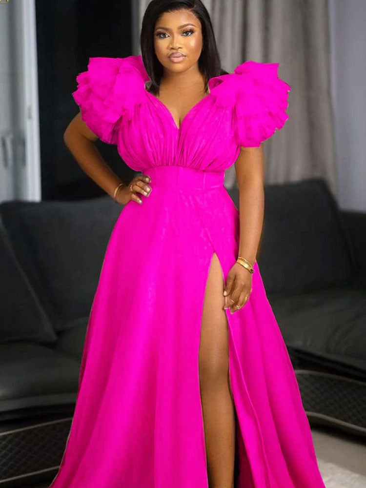 V Neck Tulle Ruffle Maxi Dresses