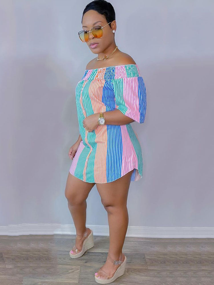 Striped Off Shoulder Mini Dresses