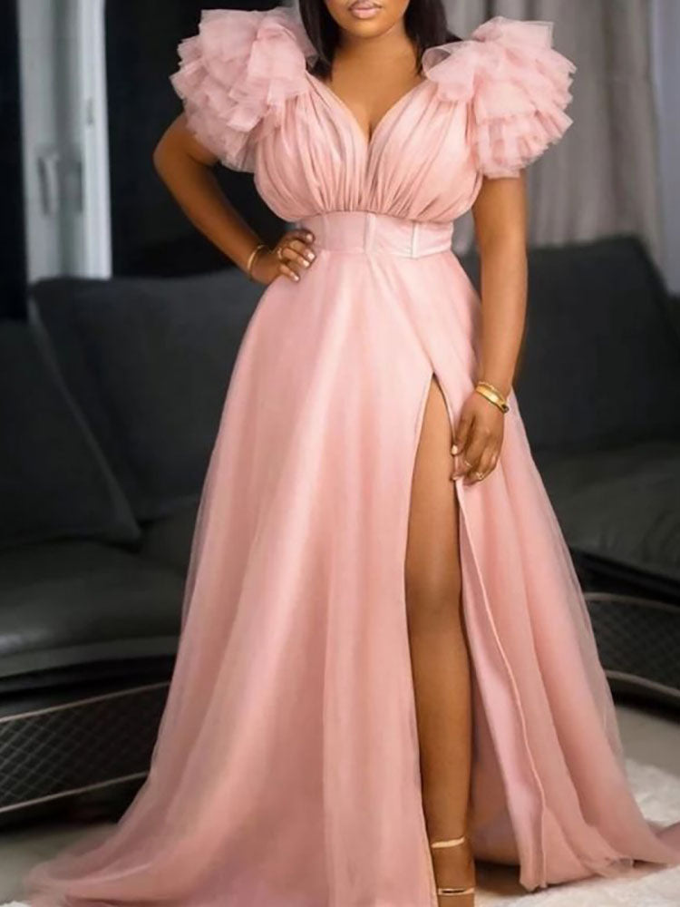 V Neck Tulle Ruffle Maxi Dresses