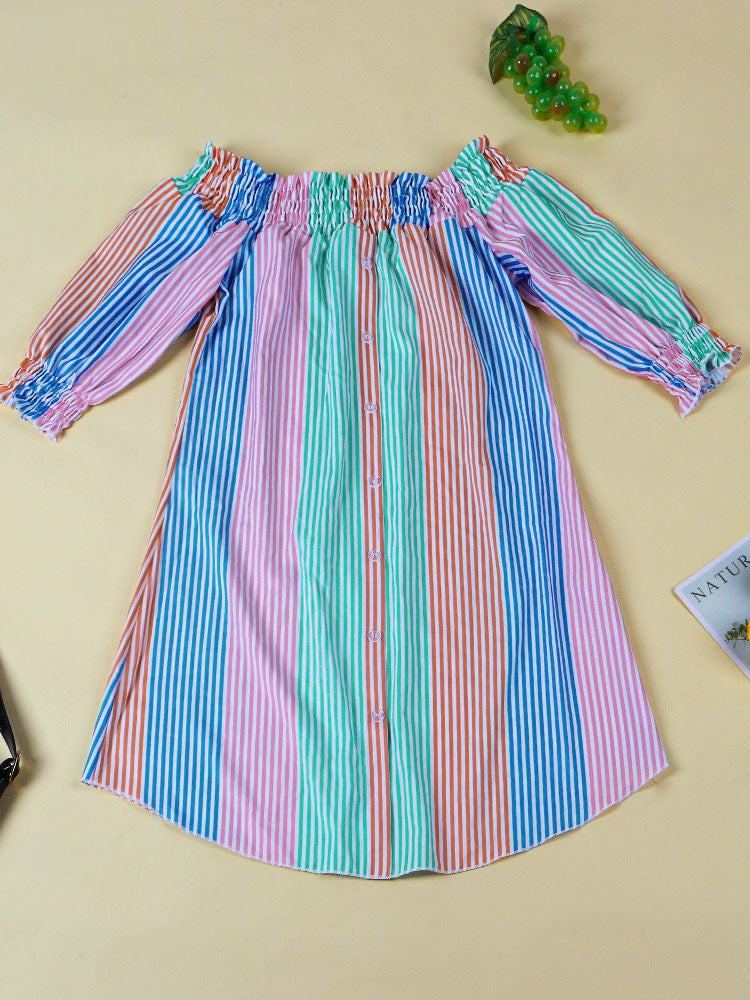 Striped Off Shoulder Mini Dresses