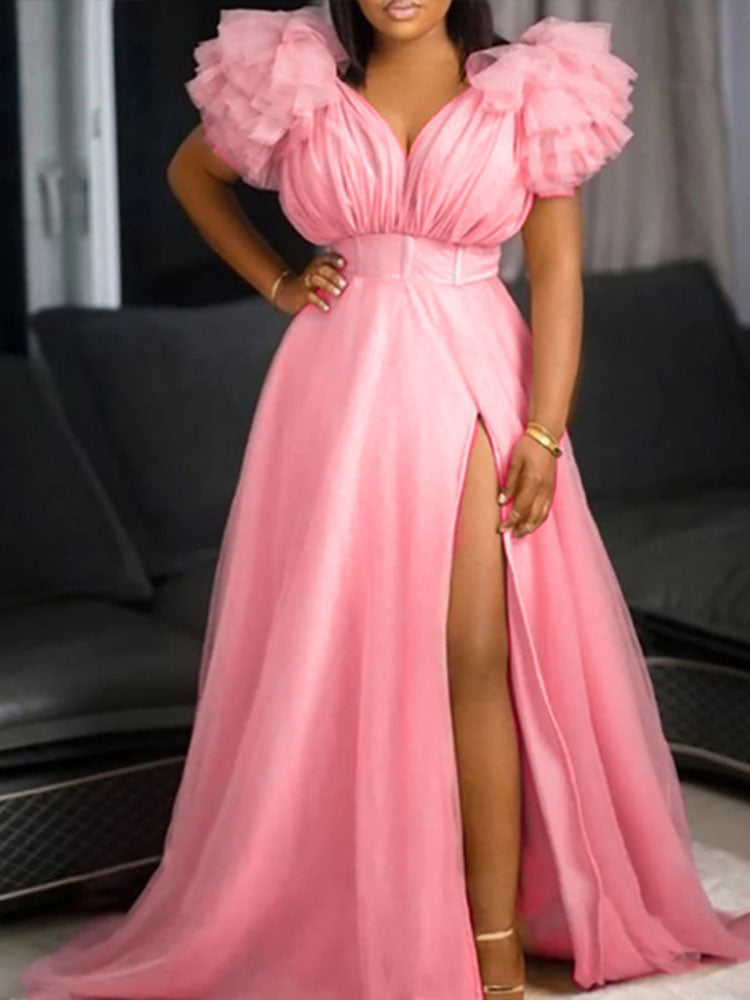 V Neck Tulle Ruffle Maxi Dresses