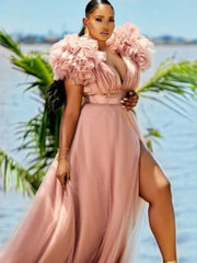 V Neck Tulle Ruffle Maxi Dresses