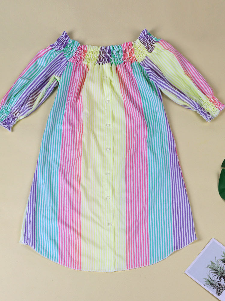 Striped Off Shoulder Mini Dresses