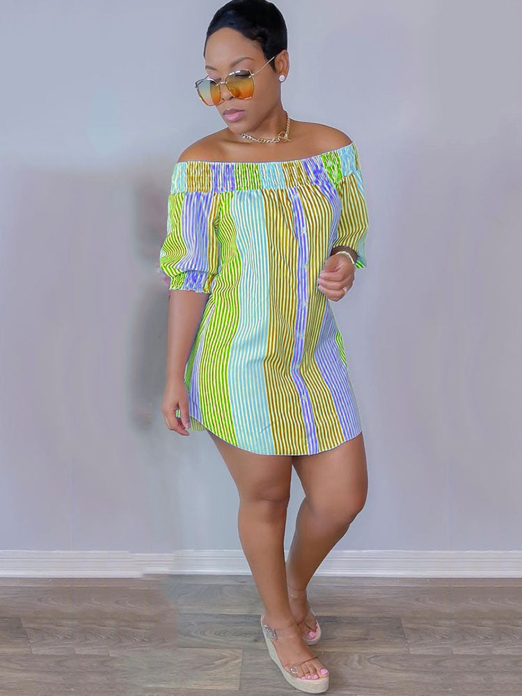 Striped Off Shoulder Mini Dresses