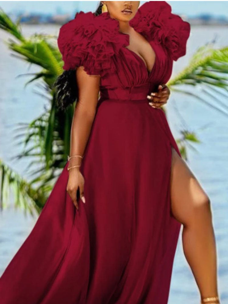 V Neck Tulle Ruffle Maxi Dresses