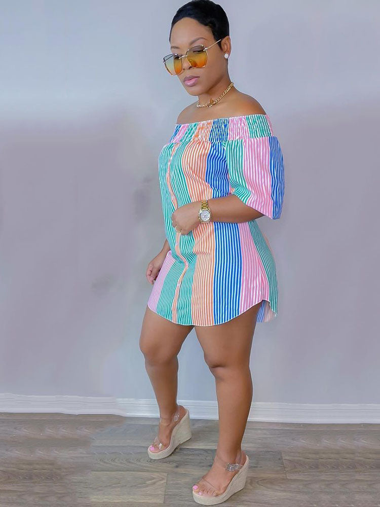 Striped Off Shoulder Mini Dresses