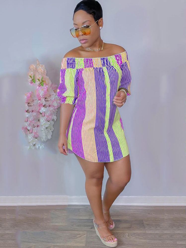 Striped Off Shoulder Mini Dresses