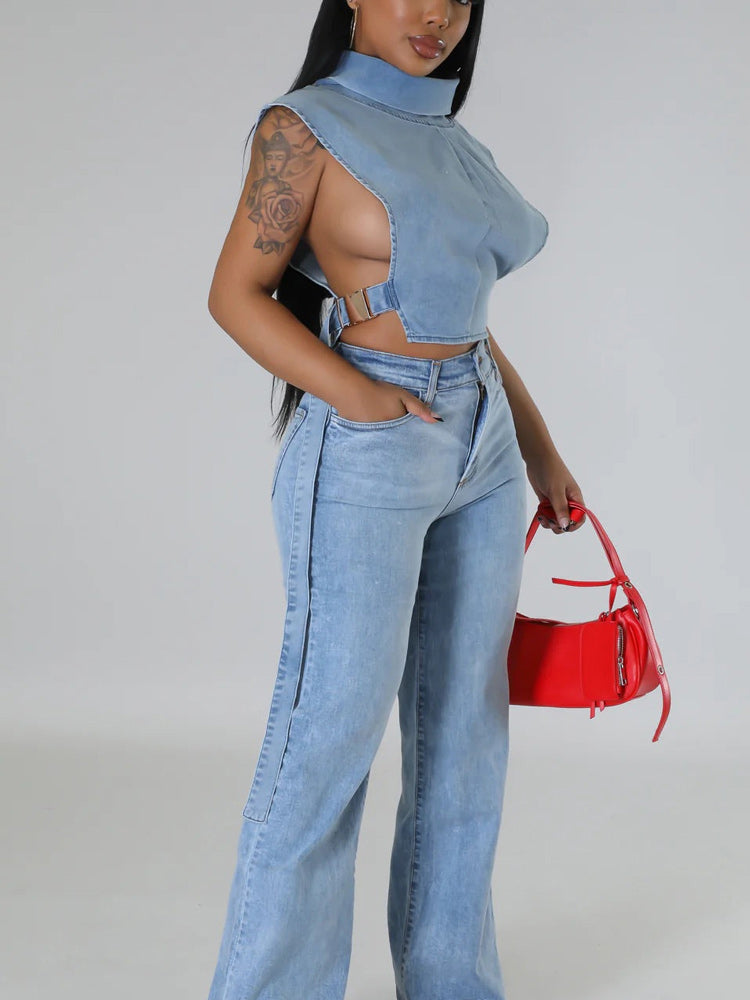 Denim Sleeveless Turtleneck Top