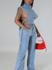 Denim Sleeveless Turtleneck Top