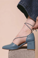 Square Toe Lace Up Thick Heel Pumps