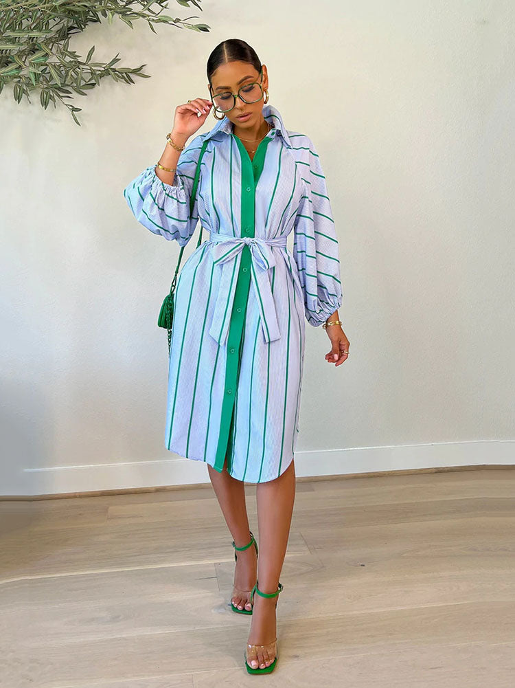 Striped Print Shirt Dresses With Belt