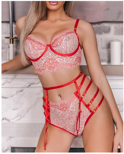 Chill Day Ladder Cutout Sheer Mesh Floral Lace Bra Set