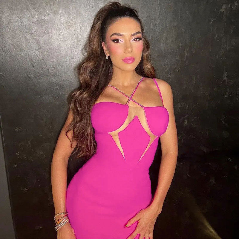 Crisscross Rhinestone Detail Sheer Mesh Party Mini Dresses - Hot Pink
