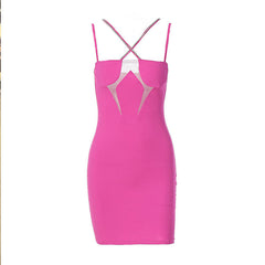 Crisscross Rhinestone Detail Sheer Mesh Party Mini Dresses - Hot Pink