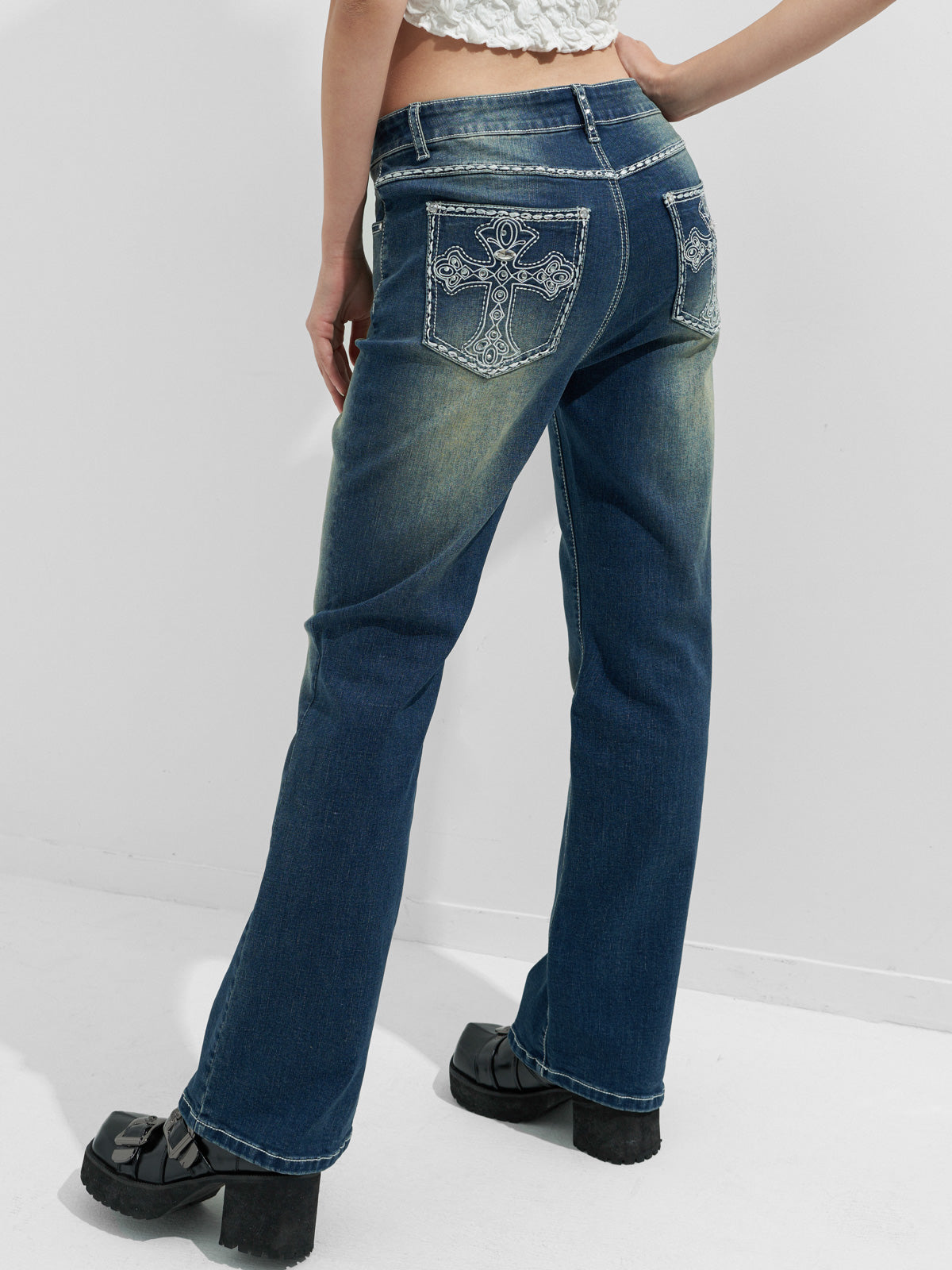 Rhinestone Chrome Hearts Flare Leg Jeans