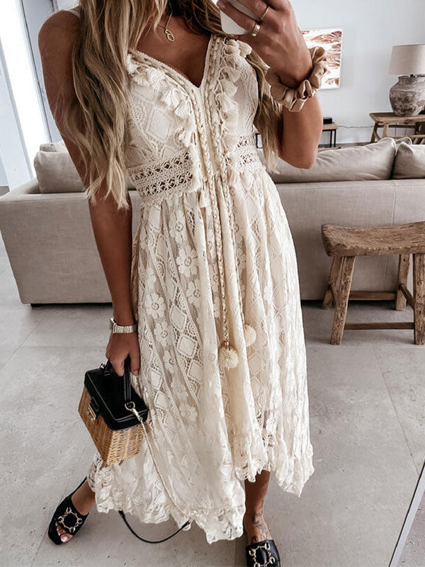 V Neck Broderie Lace Slip Maxi Dresses