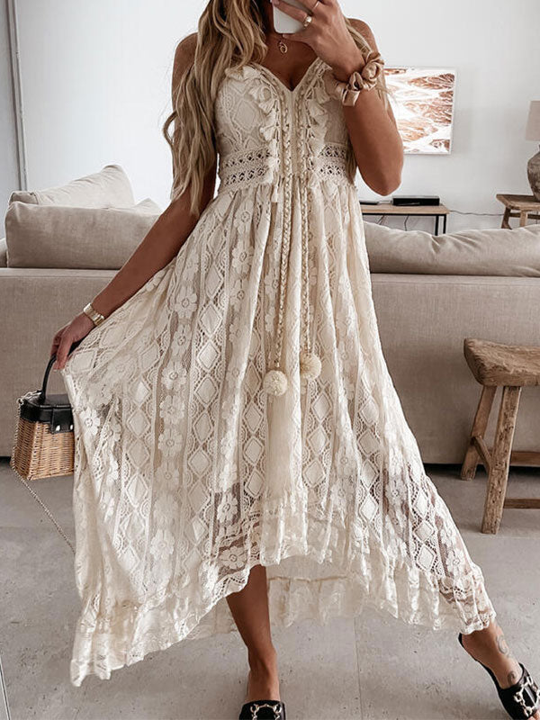 V Neck Broderie Lace Slip Maxi Dresses