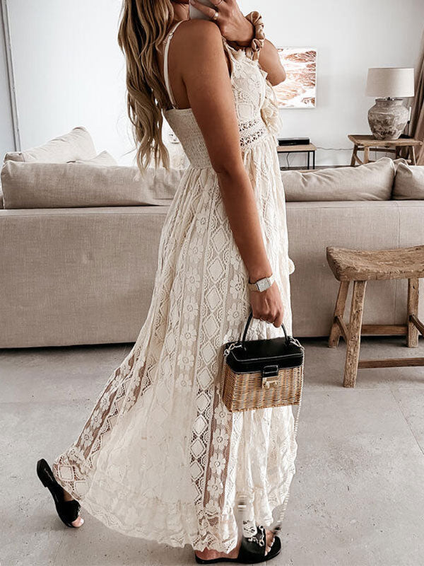 V Neck Broderie Lace Slip Maxi Dresses