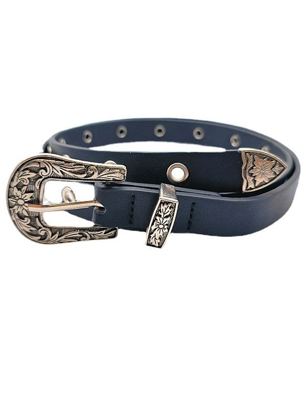 Pu Leather Eyelet Carved Buckle Belt